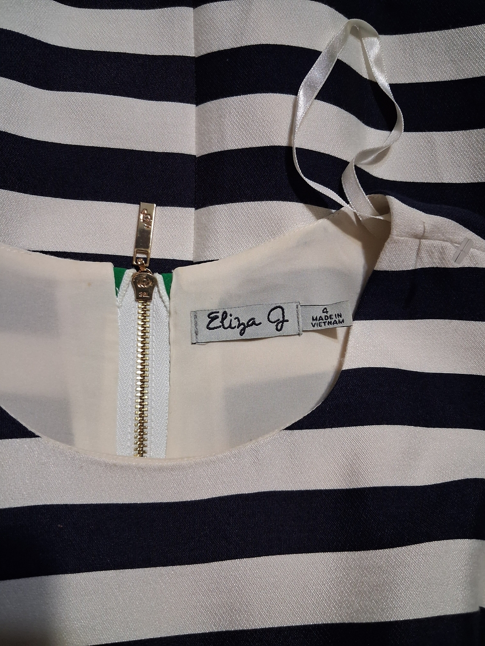 Eliza J Navy and White Striped Midi Dress with Green Belt - Picture 4 of 4